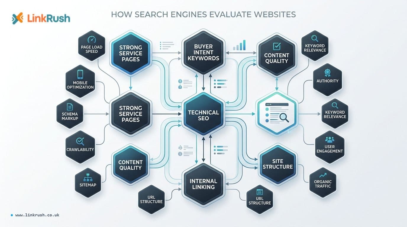 Diagram showing how search engines evaluate websites through interconnected SEO factors including strong service pages, buyer intent keywords, technical SEO, content quality, internal linking, site structure, crawlability, page speed, mobile optimization, schema markup, and user engagement.