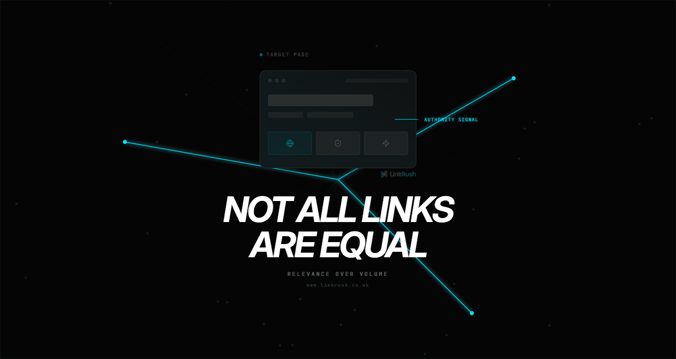 Link building diagram showing how a few relevant, trusted backlinks build SEO authority compared to many low-quality links