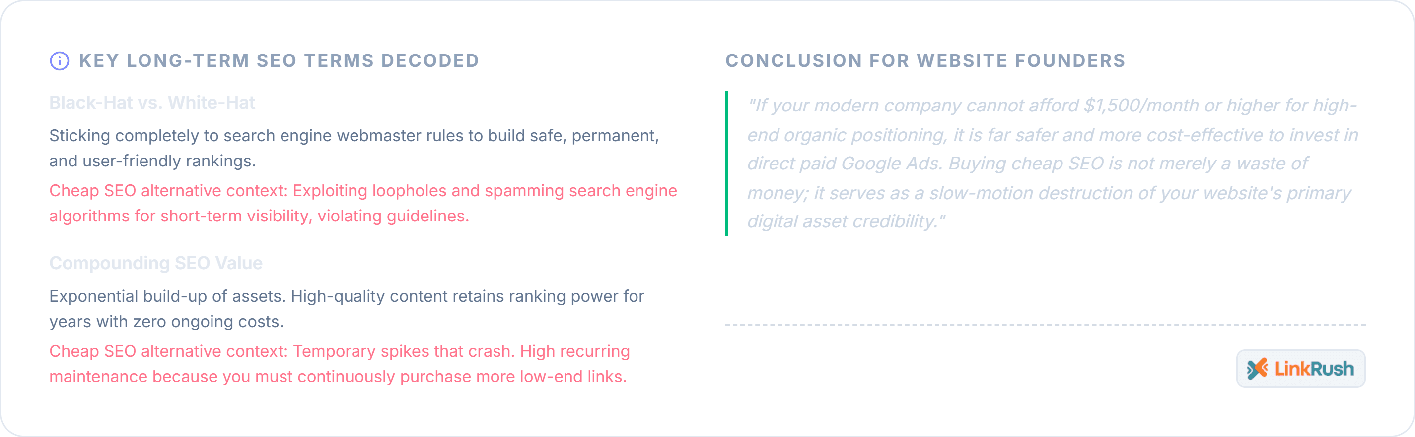 Modern SEO trust signals, sustainable authority building, and founder-focused search growth strategy